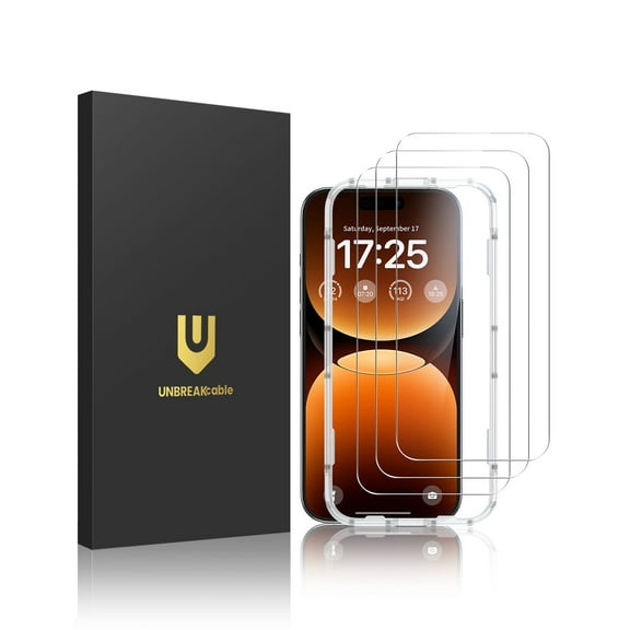 UNBREAKcable iPhone 17 Pro Max Screen Protector 3 Pack, Tempered Glass, 9H Anti‑Scratch, Bubble Free Install with Alignment Frame, HD Clear, Case Friendly