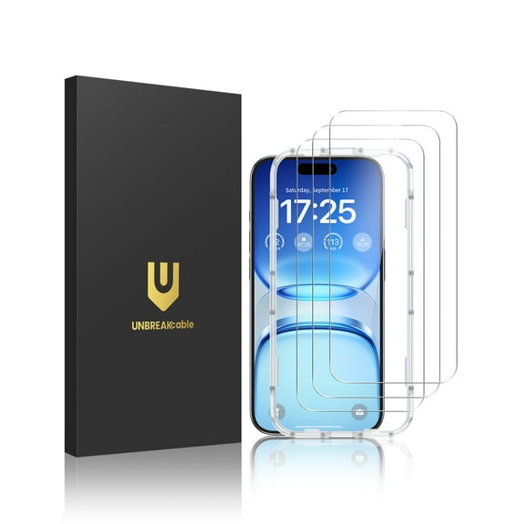 UNBREAKcable iPhone 17 Pro Screen Protector 3 Pack, Tempered Glass, 9H Anti‑Scratch, Bubble Free Install with Alignment Frame, HD Clear, Case Friendly