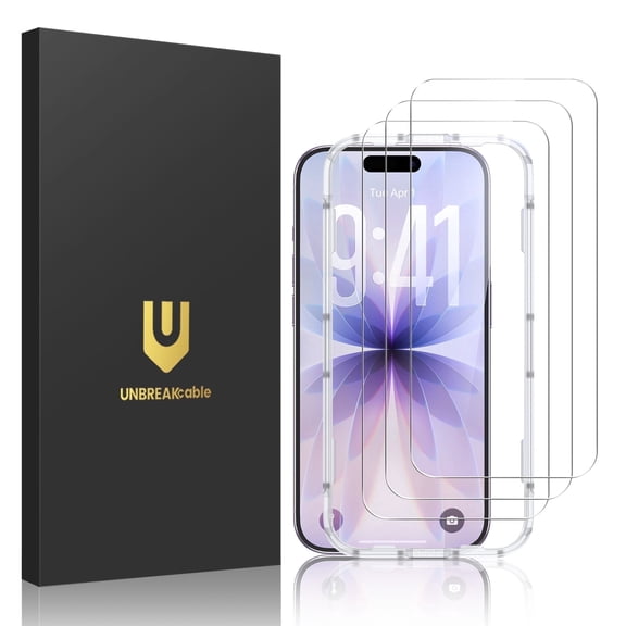 UNBREAKcable Screen Protector for iPhone 17 3-Pack, Tempered Glass 9H Anti‑Scratch, Bubble Free Install with Alignment Frame, HD Clear, Case Friendly