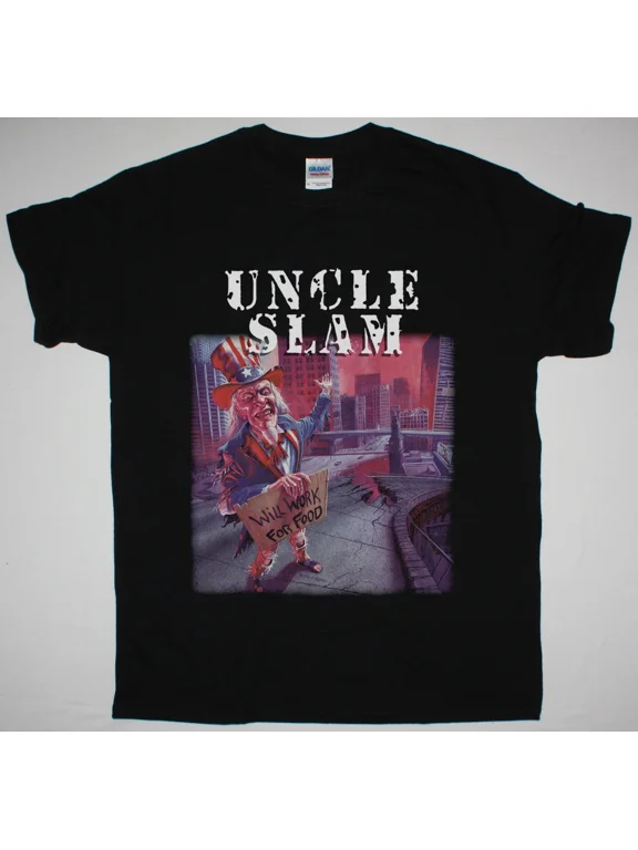 UNCLE SLAM WILL WORK FOR FOOD BLACK T SHIRT CROSSOVER SLAMMER AT WAR