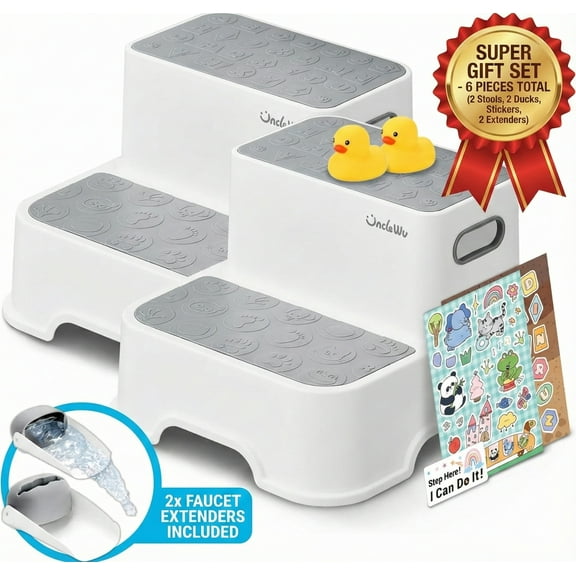 UNCLE WU 2 Pack Step Stool for Kids & Adults  Detachable Dual Height Non-Slip Stools for Bathroom, Kitchen, Bedroom,Toilet Potty Training  Gray White