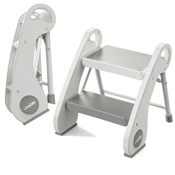 "UNCLE WU Foldable 2-Step Stool with Safe Handles, 13.8"" Height, Anti-Slip, Durable, Grey White"