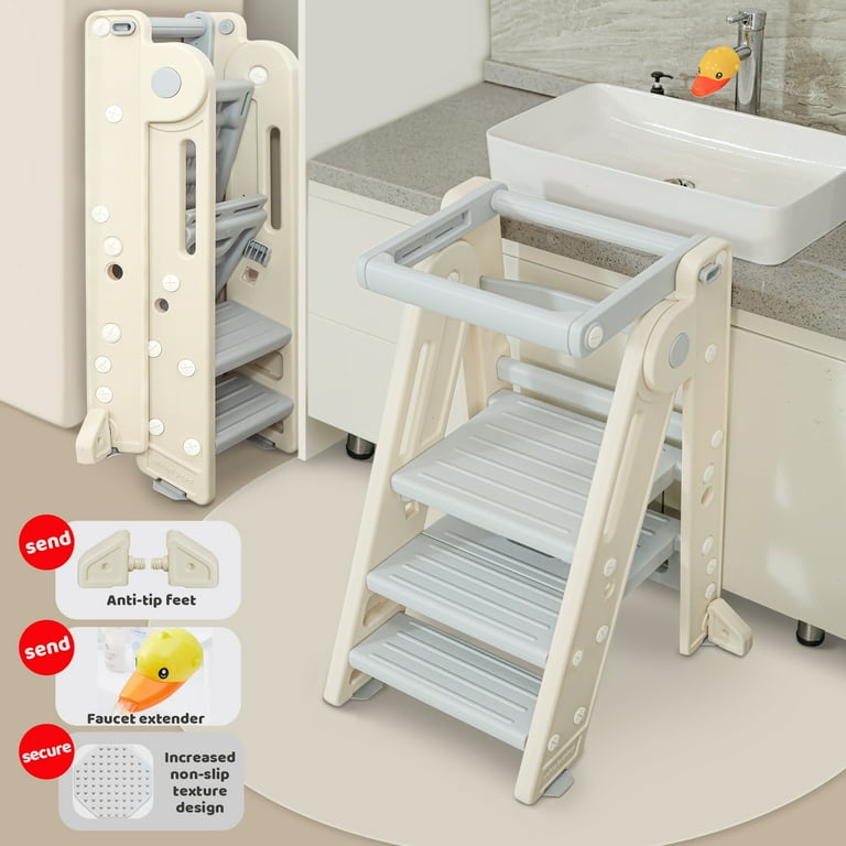UNCLE WU Kids Step Stool Safety Rail 3 Step Foldable Adjustable Durable Plastic Toddler Tower for Bathroom Sink Kitchen Tower Stool