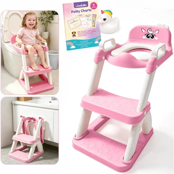 UNCLE WU Potty Training Seat with Ladder for Girls, Toddler Toilet Seat with Step Stool, Soft PU Cushion, Splash Guard, 6 Adjustable Heights, Pink Unicorn Kit, 11 Charts, 224 Stickers and Toy