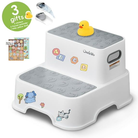 UNCLE WU Step Stool for Kids (2 Pack) - Anti-Slip Surface Potty Stool - Two Step Stool Sturdy Bottom/Kitchen for Toddlers/Adult(Gray White)