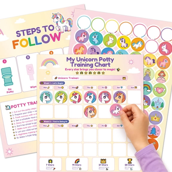 UNCLE WU Unicorn Potty Training Chart for Toddlers 11-Piece Kit with 224 Reward Stickers, 5 Weekly Charts, Certificate of Achievement & Expert Tips Guide Girls Ages 18 Months4 Years
