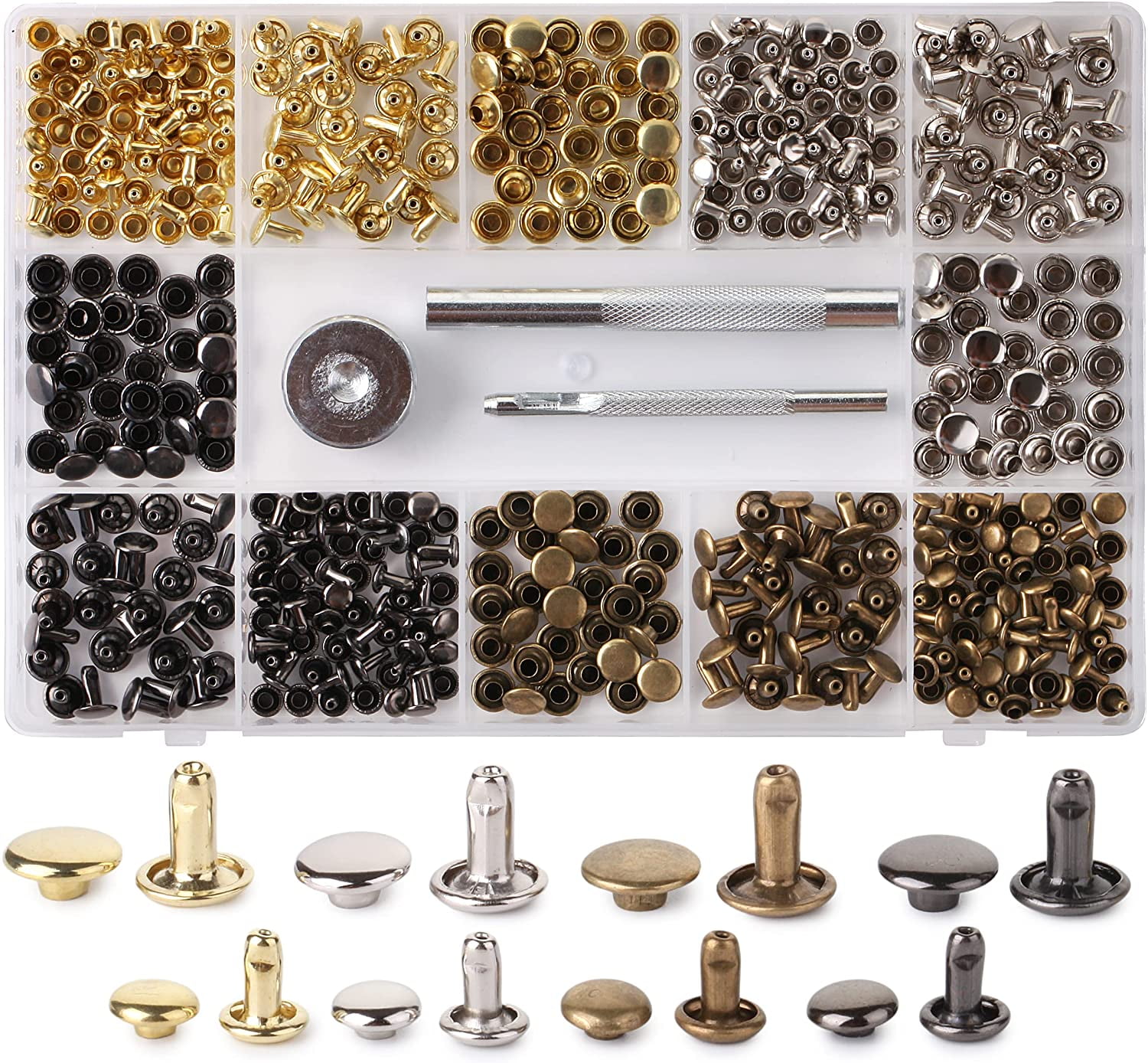 UNCO- Leather Rivets Kit, 4 Colors, 2 Sizes, 240 Pcs, Tubular Metal Studs  with Fixing Tools, Double Cap Rivets, Rivets for Leather, Rivets For  Fabric