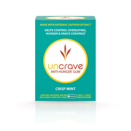 UNCRAVE Gum with Saffron Extract - Control Compulsive Snacking for Healthy Weight Loss - Improve Mood - Vision Health - Crisp Mint, Box of 7 Packs (14 Pieces/1-Week Supply)