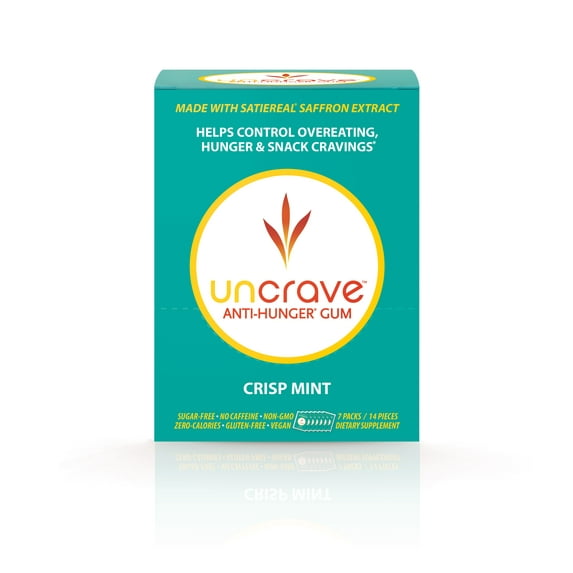 UNCRAVE Gum with Saffron Extract - Control Compulsive Snacking for Healthy Weight Loss - Improve Mood - Vision Health - Crisp Mint, Box of 7 Packs (14 Pieces/1-Week Supply)
