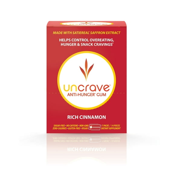 UNCRAVE Gum with Saffron Extract -Control Compulsive Snacking for Healthy Weight Loss - Improve Mood - Vision Health - Rich Cinnamon, Box of 7 Packs (14 Pieces/1-Week Supply)