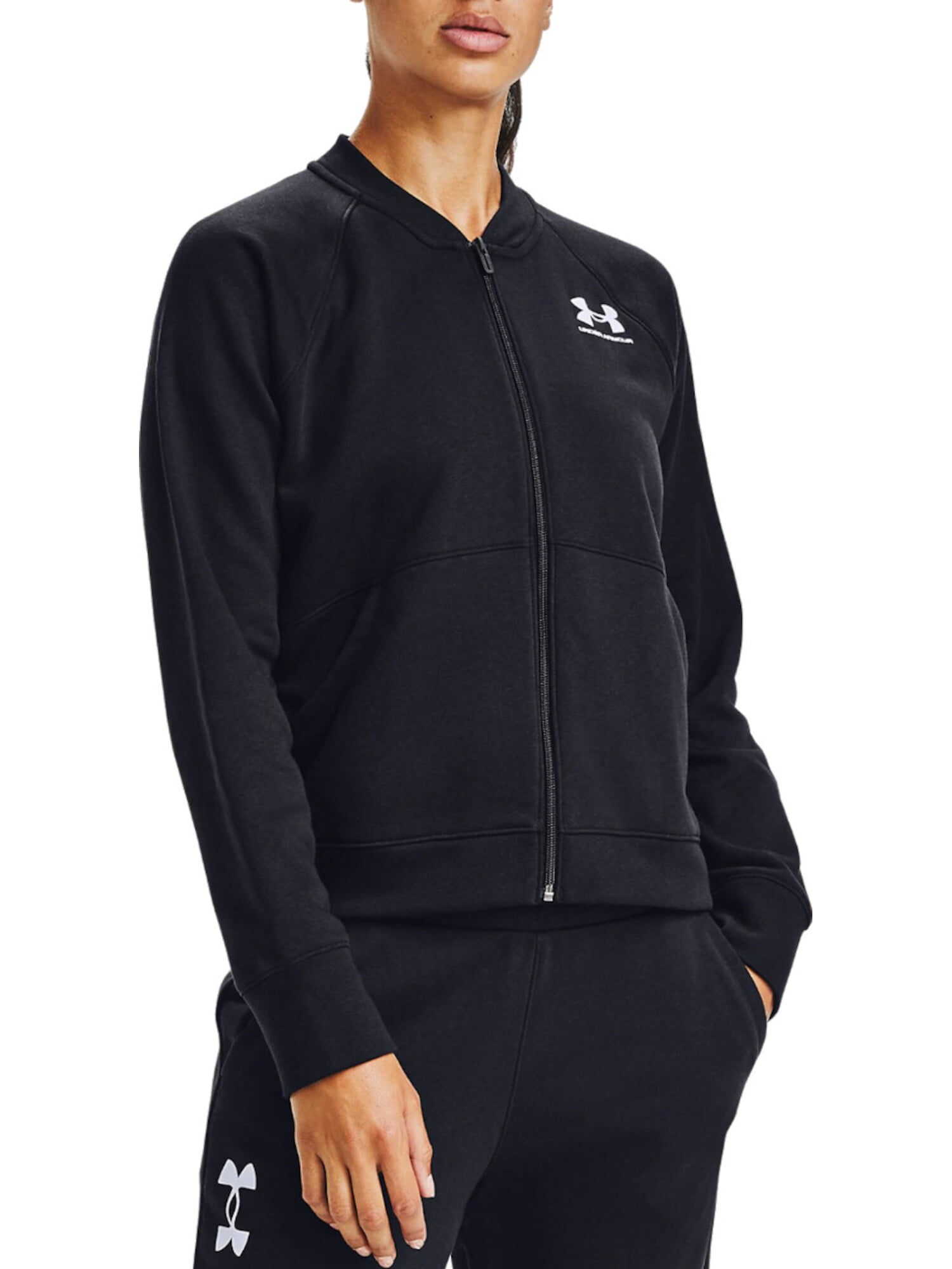 UNDER ARMOUR Womens Black Cotton Blend Zippered Ribbed Pocketed Logo Graphic Bomber Jacket S Walmart