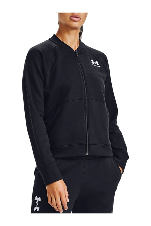 Womens Black Cotton Blend Zippered Ribbed Pocketed Logo Graphic Bomber Jacket S