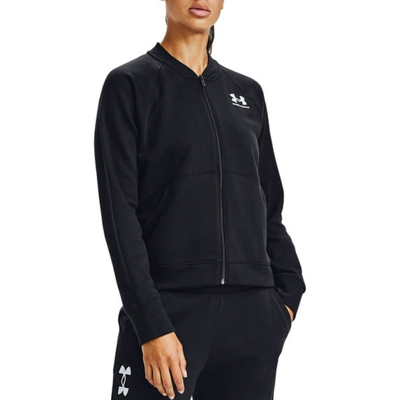 UNDER ARMOUR Womens Black Cotton Blend Zippered Ribbed Pocketed Logo Graphic Bomber Jacket S