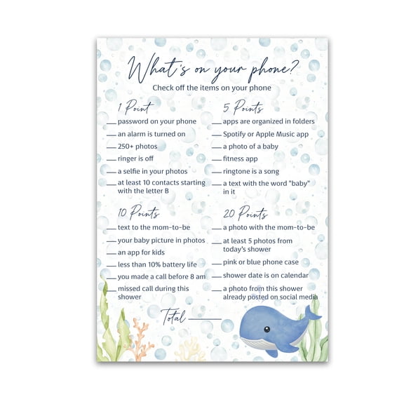 UNDER THE SEA Baby Shower Games for Adults, What's on Your Phone, Pack of 25, Whale Ocean Nautical Theme, Coed Party Game G800-PHN