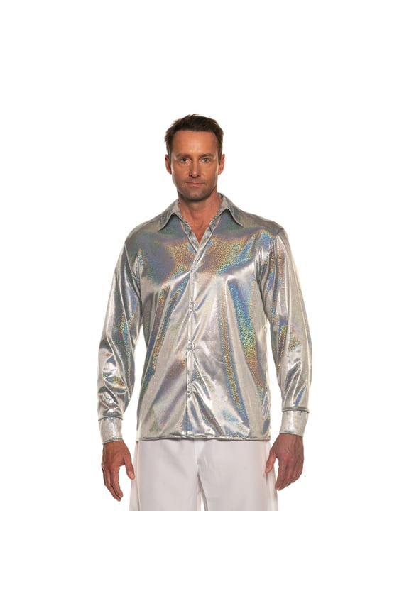 70s Silver Metallic Shirt - Long Sleeve Shirt , Disco Outfit, Cosplay Costume, Rave Outfits, Halloween Disco Party, Prom Party