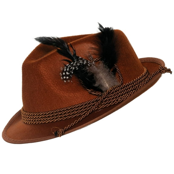 UNDERWRAPS Adult Hat- Adult Unisex Hat for Halloween Costume- Accessory Adult Hat Costume for Halloween, Brown Bavarian Hat with Rope Accent and Feathers.