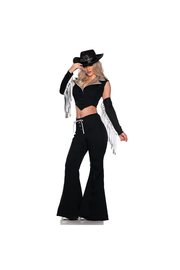 Black Cowgirl 70s Costume - Disco Cowgirl Costume for Women, 80s Jumpsuit Outfits Womens Halloween Costumes (Black Cowgirl, X-Large 14-16)