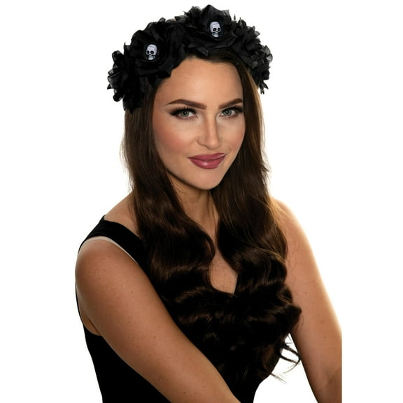UNDERWRAPS Black Rose Flower Crown - Rose Skull Headban, Adult Halloween Accessories, Black Rose Headband with Skulls, Festival Headband with Roses(One Size)