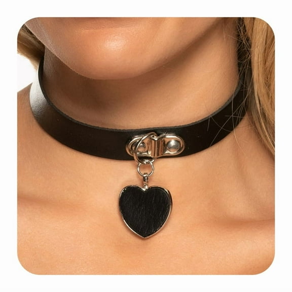UNDERWRAPS Choker with Black Heart - Faux Leather Collar Choker, Punk Gothic Necklace for Women & Men, Metal Chain Choker, Rave Accessories