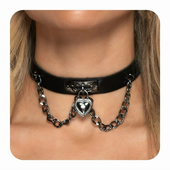 UNDERWRAPS Choker with Heart & Chain's - Faux Leather Collar Choker, Gothic Necklace for Women & Men, Metal Chain Choker, Rave Accessories