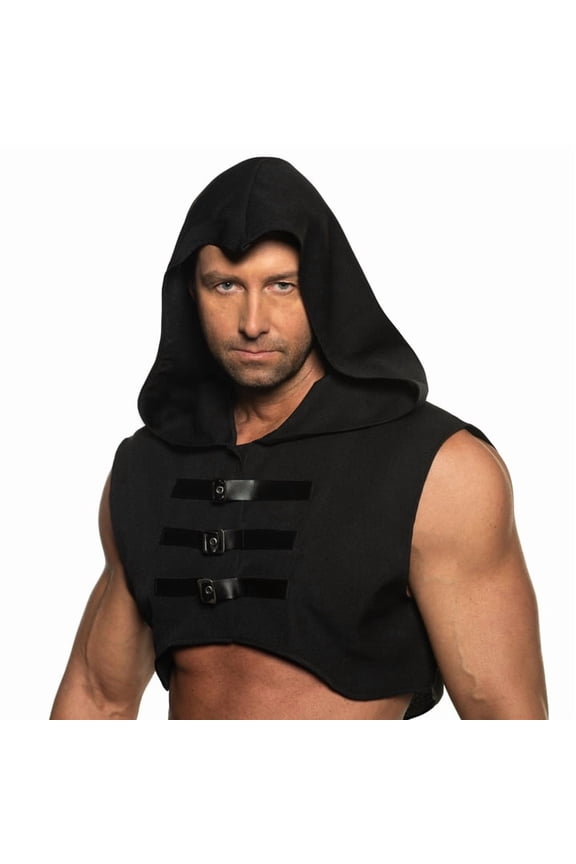 Mens Black Hooded Cowl - Renaissance Costume Accessories, Sleeveless Half Vest With Attached Buckles, Assassin Hood, Cosplay Hood