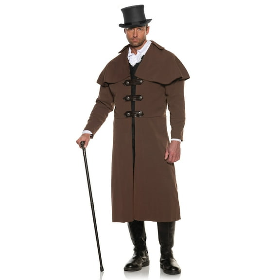 UNDERWRAPS Mens Victorian Carriage Coat - Renaissance Costume, Full Length Coat With Attached Capelet And Strap Closures, Steampunk Cosplay