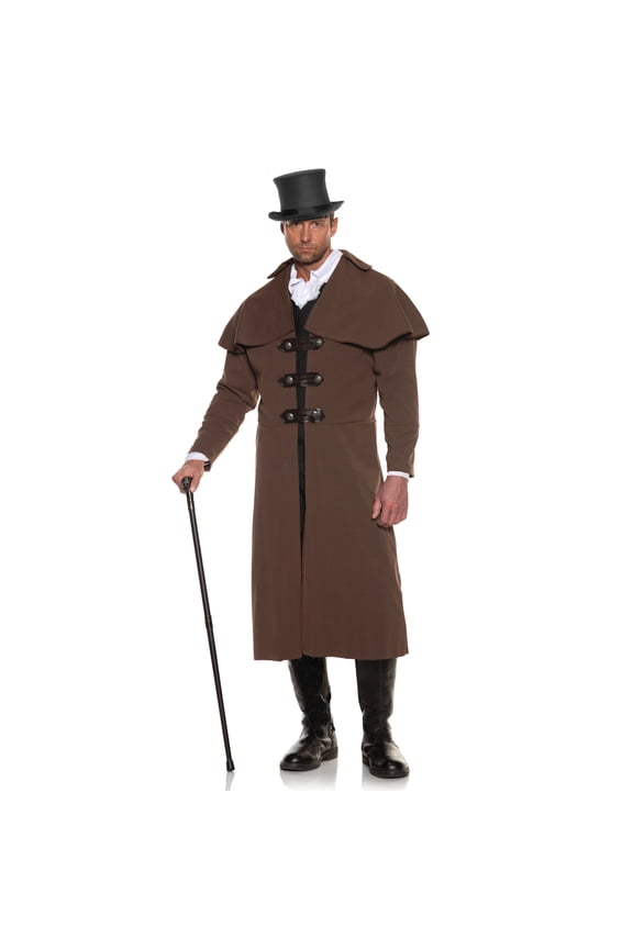 Mens Victorian Carriage Coat - Renaissance Costume, Full Length Coat With Attached Capelet And Strap Closures, Steampunk Cosplay