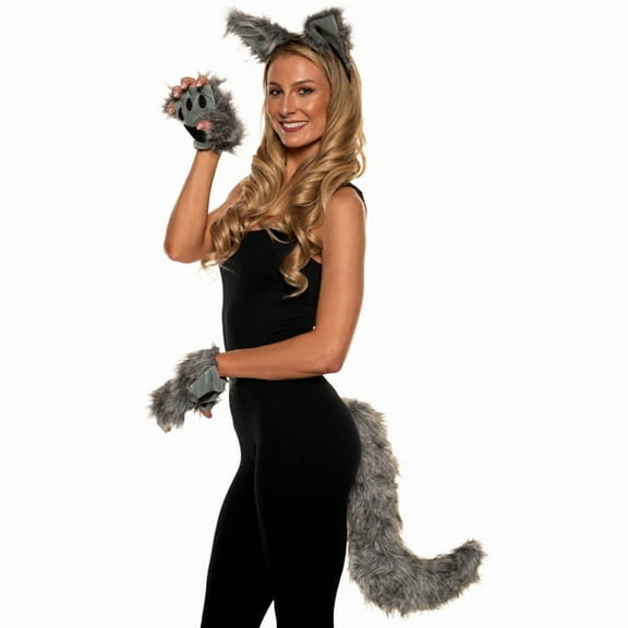 UNDERWRAPS WEREWOLF ACCESSORY KIT! Light Gray Headband With Attached Ears, Fingerless Gloves With Faux Fur Adornment, Tail With Attached Clip