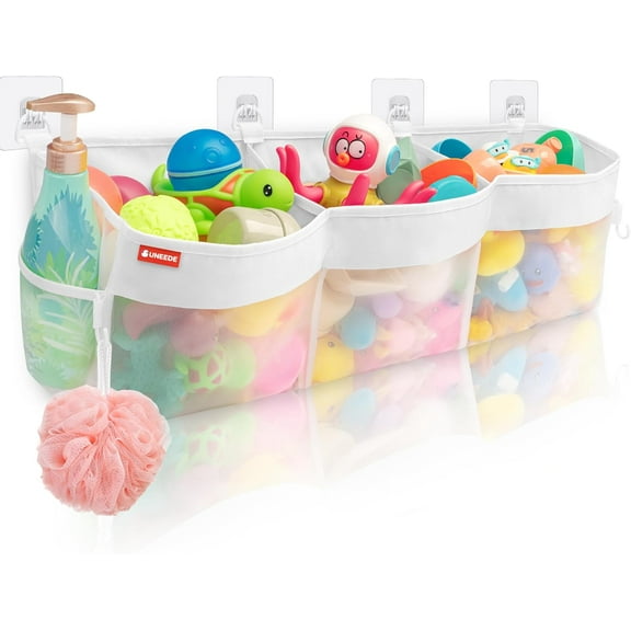 UNEEDE Nylon Mesh Bath Toy Organizer, 3-Compartment Horizontal Caddy, 4.95 Gallons, Kids Shower Holder