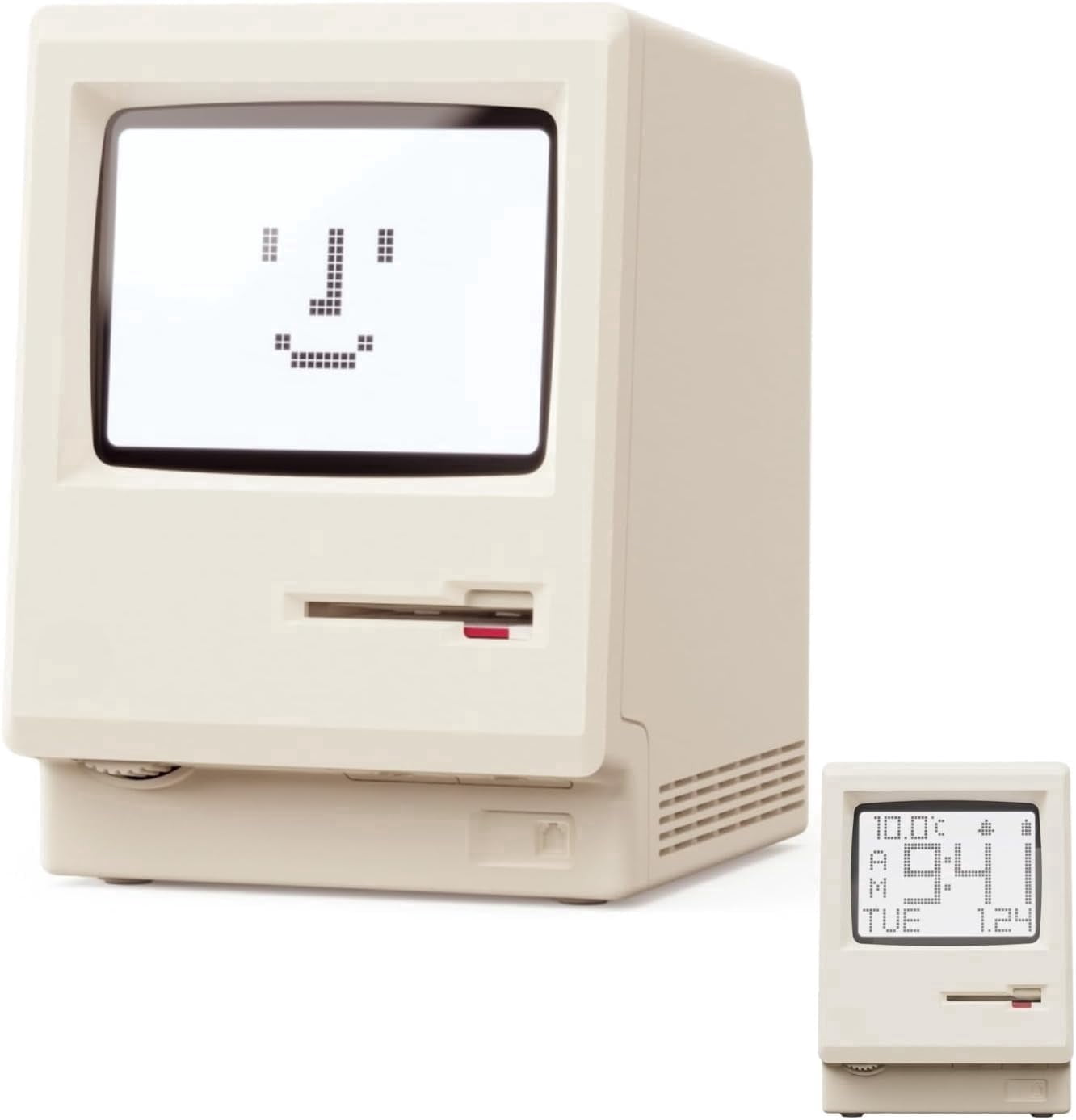 UNEEDE Maclock Retro Desk Clock, 1984 W-8 Computer Inspired Pixel Display Rechargeable Desk Clock, Multi-Alarm, Calendar, Temperature, Dimmable, Unique Retro Tech Gift for Office Bedroom Night Light