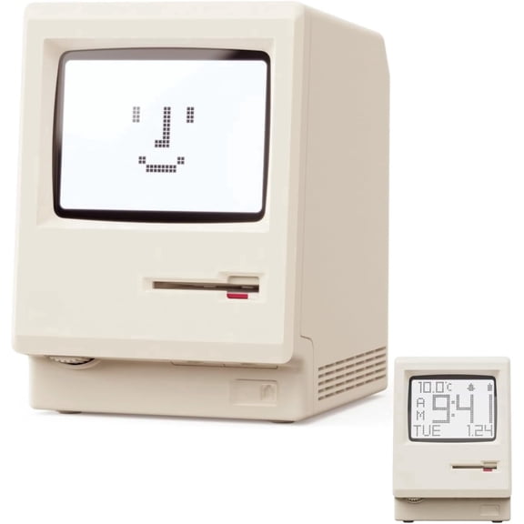 UNEEDE Maclock Retro Desk Clock, 1984 W-8 Computer Inspired Pixel Display Rechargeable Desk Clock, Multi-Alarm, Calendar, Temperature, Dimmable, Unique Retro Tech Gift for Office Bedroom Night Light