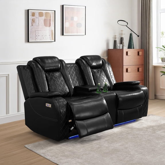UNEEDE Power Recliner Sofa Set, Modern Leather Reclining with LED Lights/Storage Console/Cup Holders/Reading Lights/Wireless Charging/USB Port for Living Room Home Theater APT Love Seat