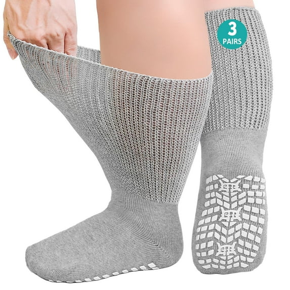 UNEEI 3 Pairs Cotton Diabetic Socks,Non-Slip Grip Hospital Socks with Grippers,Extra Wide Non Slip Diabetic Socks for Men Women,Size 13-15
