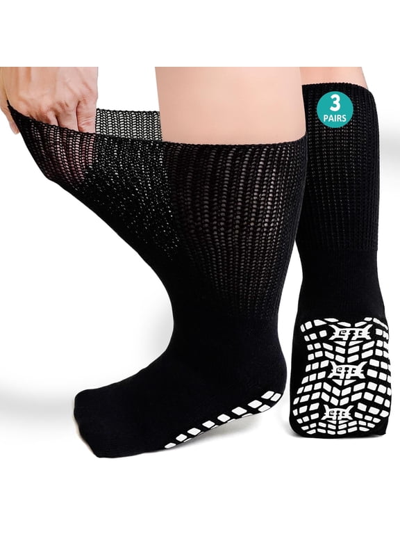 3 Pairs Cotton Diabetic Socks,Non-Slip Grip Hospital Socks with Grippers,Extra Wide Non Slip Diabetic Socks for Men Women,Size 13-15