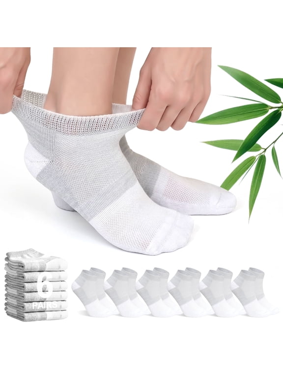 Bamboo Viscose Diabetic Ankle Socks: Wide Calf Diabetic Socks with Seamless Toe - 6 Pairs Non Binding Neuropathy Socks for Women Men, Size 9-11