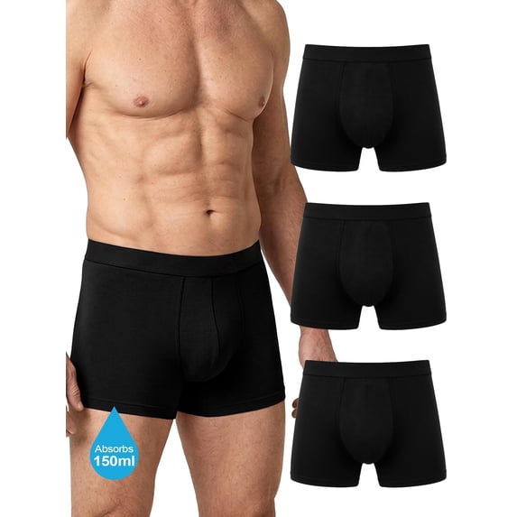 UNEEI Washable Incontinence Underwear for Men, 150ml Absorbent Leakproof Cotton Boxer Briefs, Reusable Mid-Rise Comfort Fit, Reliable Protection for Daily & Overnight Wear, 3 Pack Black, L