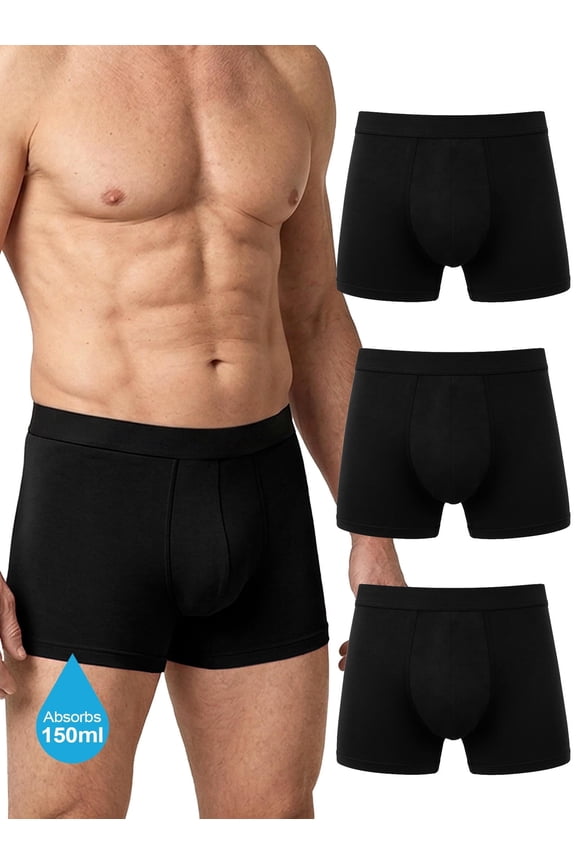 Washable Incontinence Underwear for Men, 150ml Absorbent Leakproof Cotton Boxer Briefs, Reusable Mid-Rise Comfort Fit, Reliable Protection for Daily & Overnight Wear, 3 Pack Black, L