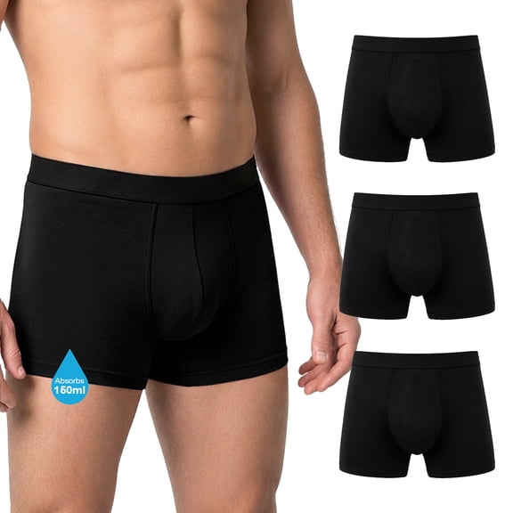 UNEEI Washable Incontinence Underwear for Men, 150ml Absorbent Leakproof Cotton Boxer Briefs, Reusable Mid-Rise Comfort Fit, Reliable Protection for Daily & Overnight Wear, 3 Pack Black, L
