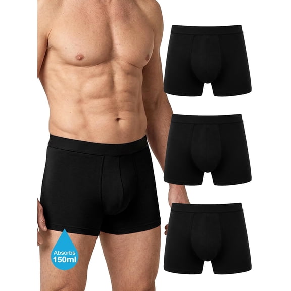 UNEEI Washable Incontinence Underwear for Men, 150ml Absorbent Leakproof Cotton Boxer Briefs, Reusable Mid-Rise Comfort Fit, Reliable Protection for Daily & Overnight Wear, 3 Pack Black, L