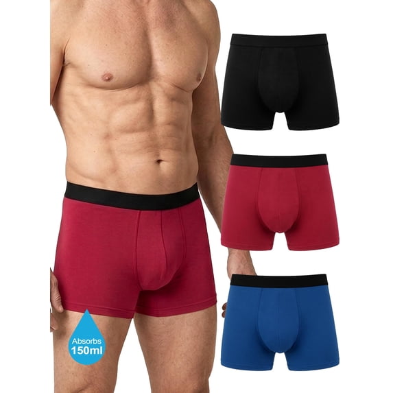UNEEI Washable Incontinence Underwear for Men, 150ml Absorbent Leakproof Cotton Boxer Briefs, Reusable Mid-Rise Comfort Fit, Reliable Protection for Daily & Overnight Wear, 3 Pack Multi-Color, L