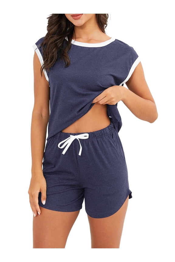 Cotton Womens Pajama Sets, 2 Piece Soft Lounge Sets for Women, Round Neck Short Sleeve Top & Shorts Sleepwear