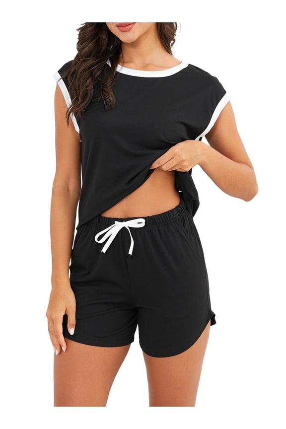 Cotton Womens Pajama Sets, 2 Piece Soft Lounge Sets for Women, Round Neck Short Sleeve Top & Shorts Sleepwear