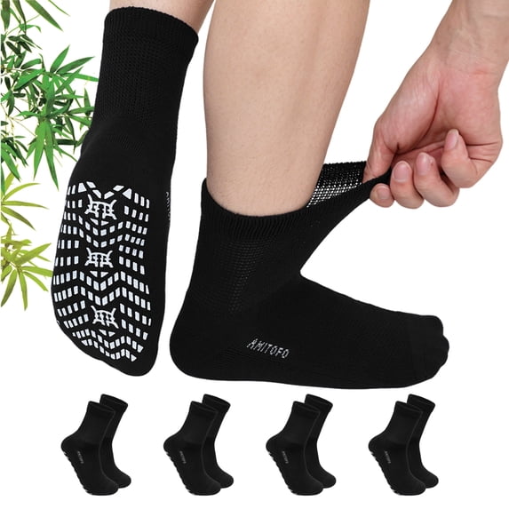 UNEEI Diabetic Grip Socks for Men Women, 4 Pairs Bamboo Viscose Wide Non Slip Socks, Non Binding Seamless Socks for Swollen Feet, Size 13-15