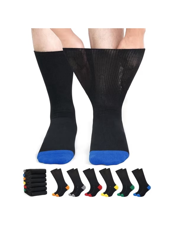 Diabetic Socks for Men & Women, 6 Pair Non-Binding Crew Socks with Extra Wide Loose Fit for Swollen Feet and Calves, Color-Block Design, Size 13-15