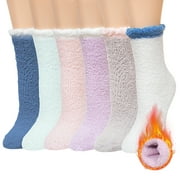 UNEEI Fuzzy Socks with Grips,Thick Warm Cozy Fluffy Non Slip Slipper Socks, 6 Pairs Colorful Fluffy Socks for Women