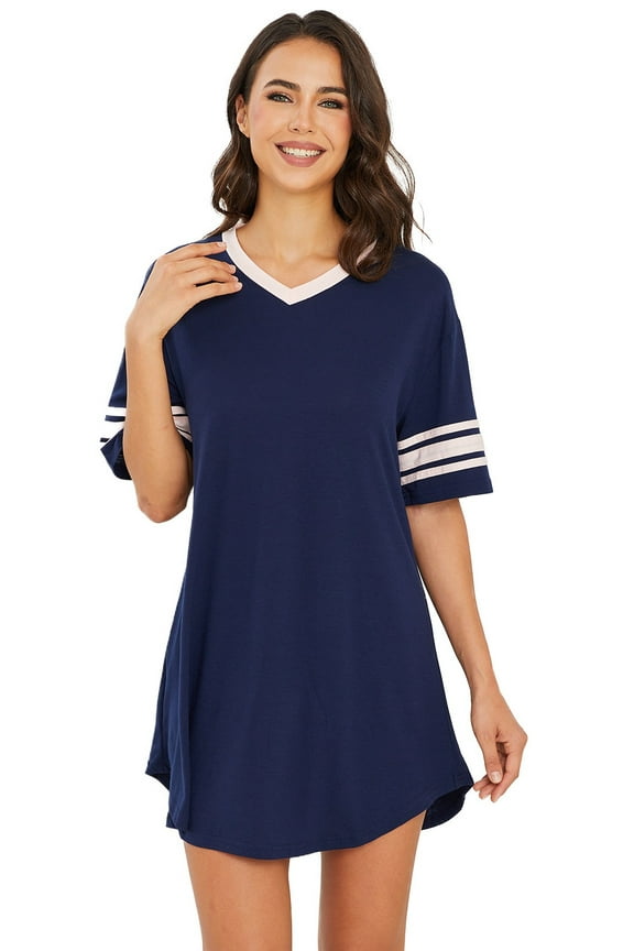 Nightgowns for Women,Short Sleeve Nightshirt V Neck Sleepwear,House Dresses Night Gown for Ladies, Color Block Sleep Dress.Size S