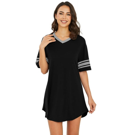 UNEEI Nightgowns for Women,Short Sleeve Nightshirt V Neck Sleepwear,House Dresses Night Gown for Ladies, Color Block Sleep Dress.Size XL