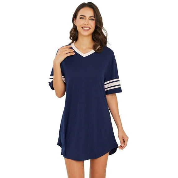 UNEEI Nightgowns for Women,Short Sleeve Nightshirt V Neck Sleepwear,House Dresses Night Gown for Ladies, Color Block Sleep Dress.Size XL