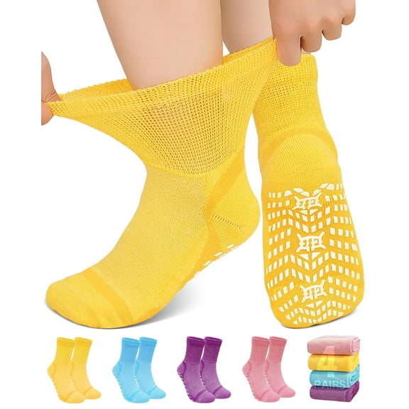 UNEEI Non-Slip Bamboo Viscose Diabetic Socks for Men and Women, 4 Pair Extra Wide Calf Gripper Socks, Seamless Toe for Ultimate Comfort