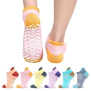 UNEEI Non-Slip Grip Socks for Women Men, 6 Pair Cotton Non Slip Socks for Yoga, Pilates, Ballet, Hospital, Anti-Skid, Br